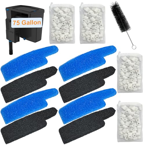 17-Set Filter Media Kit Replacement for Seachem Tidal 75 Gallon (300 Liters) Large Aquarium Fish Tank Filter, Comprising: Ceramic Rings, Blue Foam Filters, Carbon Sponge Filters, 1 Brush and Mesh Bags