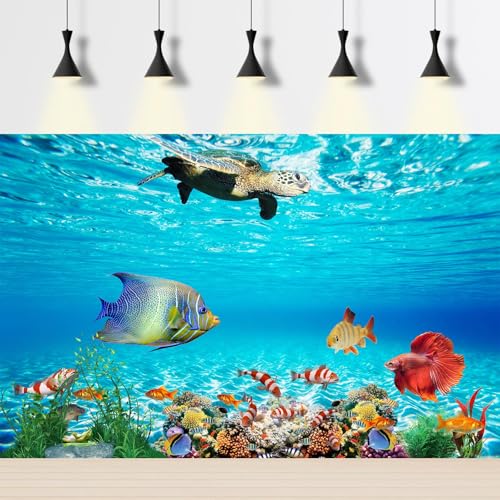 Underwater World Aquarium Background Sea Turtle Tropical Fish Terrarium Background Under The Sea Colorful Coral Aquatic Plants Fish Tank Backdrop Deep Blue Sea with Sunbeams Backgrounds 24x12in - color: Marine Light Blue, size: 24(W)x12(H)in