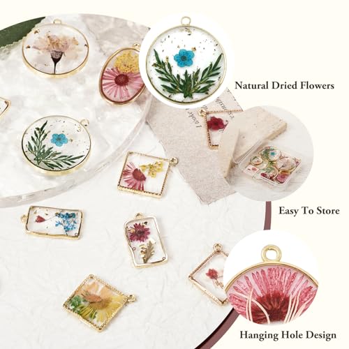 Transparent Flower Resin Charms Round Gold Edge Dried Floral Pendants Flat Round Clear Gold Foil Floral Charms for Necklace Bookmark Keychain Jewelry Making - color: 12Styles-12pcs