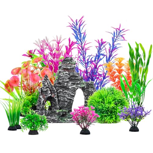 CousDUoBe 13Pcs Aquarium Plants Cave Rock Decor Set& Fish Tank Artificial PlasticPlants,Fish Tank Accessories Small Large Aquarium Decorations Kit