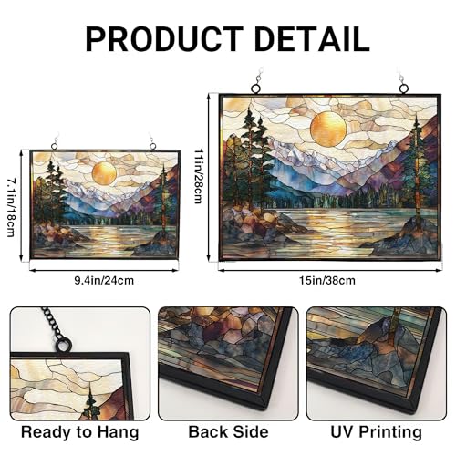 Rectangle Sunset Mountains Lake Tree Stained Glass Sun Catcher Mountain Stained Glass Window Hanging, Suncatchers Lavender Wall Decor, for Women/Friends/Lover - color: Sunset Mountains Lake Tree, size: 9.4x7.1 IN