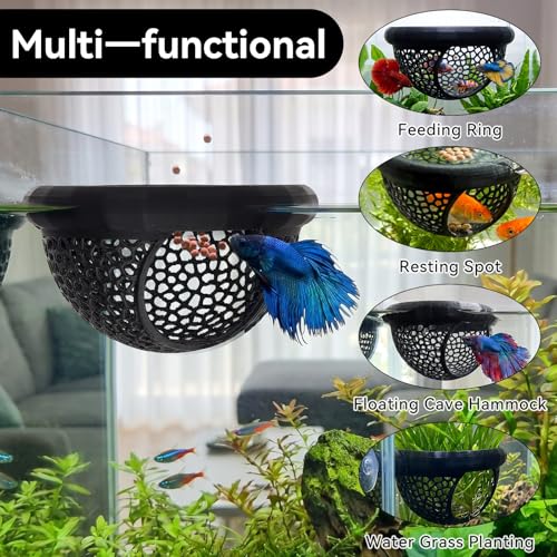 Floating Betta Shrimp Cave, Multi-Functional Aquarium Hammock for Hiding Feeding, Floating Betta Fish Skins with Feeding Ring, Tank Resting Spot for Small Fish Betta Shrimp (Black, Large) - color: Black, size: Large