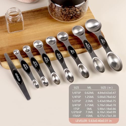 ChefAide Pack of 8 Stainless Steel Magnetic Measuring Spoons Set, Dual Sided, Stackable, Adjustable Teaspoon and Tablespoon Measure Spoon with Leveler, Kitchen Gadgets Set 5 - color: Black, size: Magnetic Measuring Spoons