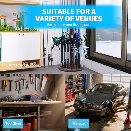 360° Rotating Natural Wood Fishing Rod Holder, Round Floor-Standing Fishing Rack Stores 16 Rods, Fishing Pole Storage Organizer for Garage, Basement, or Shed, Easy to Install - color: Brown, size: Round
