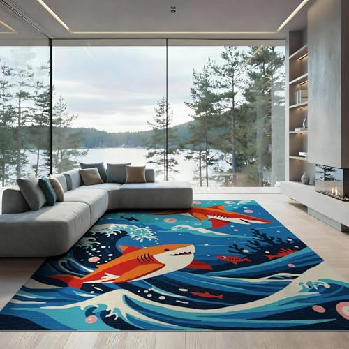 9'x12' Washable Kawaii Shark Oversized Rug, Orange Non-Shedding Pet Friendly Carpet Foldable Easy Care Mat for Master Suite, California King, Under Bed | Ref:2070034 - color: Blue/Pattern 11, size: 9' x 12' (Rectangular)