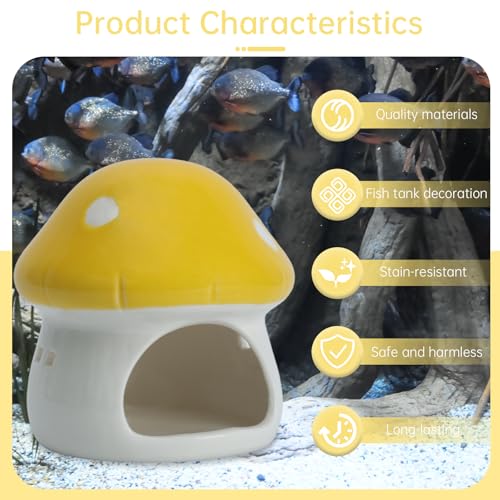 Cute Aquarium Mushroom House Betta Fish Tank Accessory Decor Mini Ceramic Fish Hideout Shrimp Cave Ornament (Yellow)