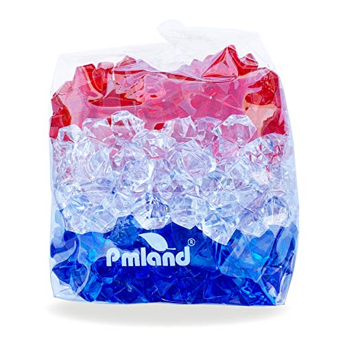 PMLAND Clear Fake Ice Rocks – 550Pcs Large Acrylic Gems Crushed Plastic Diamonds, Red White Blue (3Lbs/2.25 Quarts) – Bulk Vase Filler for Centerpieces Patriotic Theme Décor Aquarium Table Scatter - color: Red Blue and White