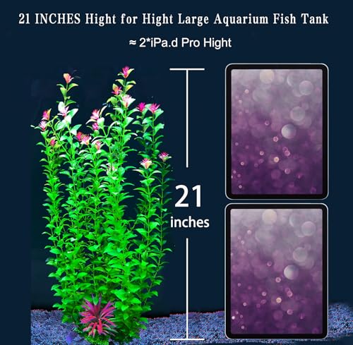 2 pcs Aquarium Decor Plants 21 Inches Extra Large Artificial Plastic Fish Tank Plants with Flowers, Tall Fish Tank Decoration for Betta Fish Tank - color: Grass Green