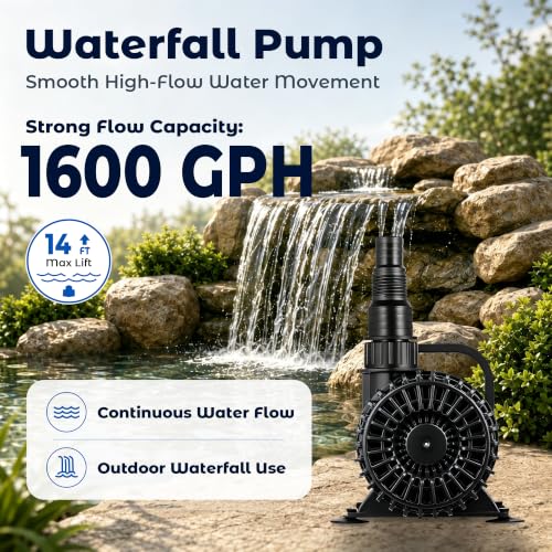 TONGCHANT Pond Pump for Fish Pond Fountain & Waterfall, 1600 GPH 14FT Lift | 100W submersible water pump, ultra quiet motor, 180° rotatable outlet, filter bag, 20FT cord, UL listed, black - size: 1600GPH-100W-Black