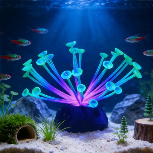 Suction Cup Anemone Aquarium Decor with Silicone Tentacles, Realistic Coral Reef Ornament for Saltwater and Freshwater Fish Tanks, Flexible Habitat for Shrimp, Invertebrates & Aquascaping (Green)
