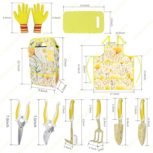 Yellow Garden Tools Set for Women, iHansee 10-Piece Gardening Tool Kit with Handbag, Non-Slip Ergonomic Handles, Gardening Gift for Women, Mom, Garden Lovers - style: Yellow
