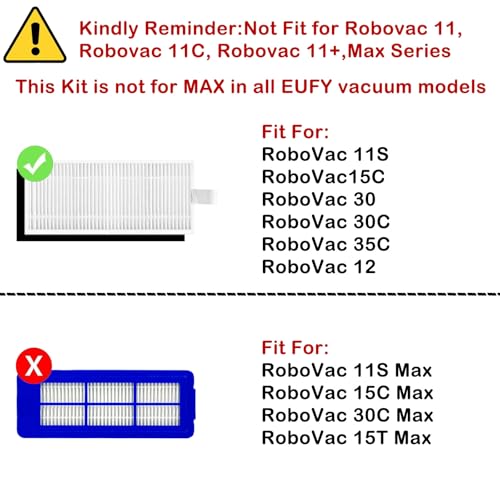 Replacement Parts Accessories Kit for eufy robovac 11S, 12, 15T, 15C, 25C, 30, 30C, 35C Slim Carpet Robotic Vacuum, 1 Roller Brush, 4 Filters, 4 Side Brushes, 1 Pre Filter, 1 Cleaning Brush