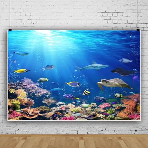 Renaiss 5x3ft Underwater World Backdrop Colorful Tropical Fishs Under The Sea Marine Coral Sunlight Seabed Aquarium Photography Background for Diving Baby Shower Birthday Party Decor Studio Props - color: Blue, size: 5x3ft
