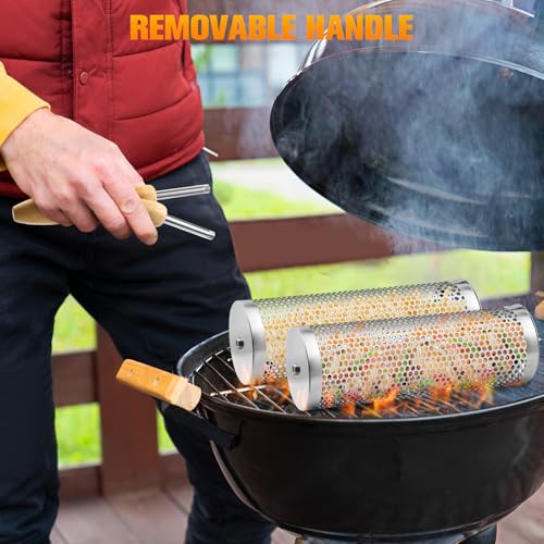 Rolling Grill Baskets,2 Pcs Nesting Grilling Net with Removable Wooden Handle,BBQ Accessories Tools for Vegetables Shrimp,Outdoor Camping Barbecue Rack,Gifts for Men Dad (Round) - size: Round