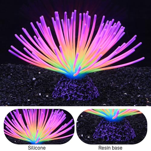 Glowing Sea Urchin Aquarium Decor - Fluorescent Rainbow Ornament with Weighted Base for Fish Tank, Safe Soft Silicone, Freshwater & Saltwater, Vibrant Glow Under Blue Light (Colorful) - color: Colorful
