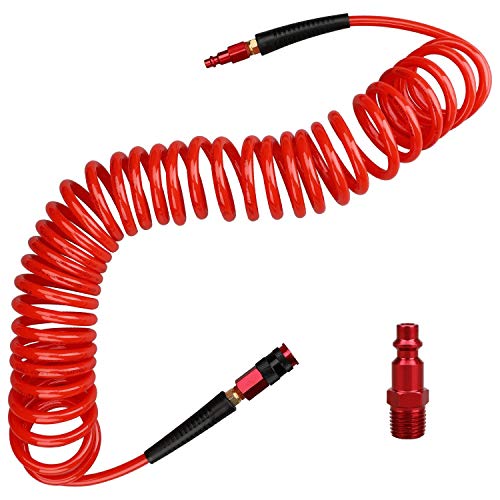 Hromee 1/4 in x 25 ft Polyurethane Recoil Air Hose with Bend Restrictors Compressor Hose with 1/4" Industrial Universal Quick Coupler and I/M Plug Kit, Red - size: 25FT