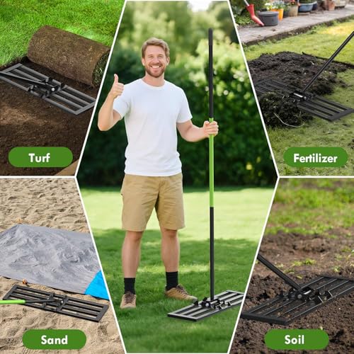 Seeutek Lawn Leveling Rake, 35” x 10” Lawn Leveler with 6.5FT Stainless Steel Handle Rakes for Lawns, 0-180° Adjustable Ground Leveler Tool for Yard, Level Soil Sand Dirt Surfaces - size: 35"*10"