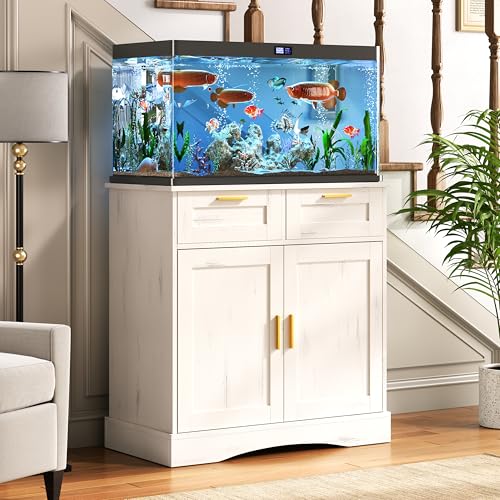 29 Gallon Fish Tank Stand with Storage Cabinet, Aquarium Stand 29 Gallon, with 2 Drawers for Fish Tank Accessories Storage, 30.71x 15.75'' Fish Stand Tabletop (Vintage White, PTBX01WH) - color: Vintage White, size: 20-29 Gallon