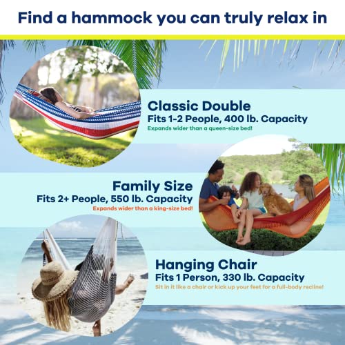 Handwoven Hammock by Yellow Leaf Hammocks - Family Size, Fits 2+ PPL, 550lb max - Weathersafe, Super Strong, Easy to Hang, Ultra Soft, Artisan Made - Color: Blue - Orange - color: Kilauea- Blue and Orange, size: Fits 1-2+ People (550 lb. Capacity)