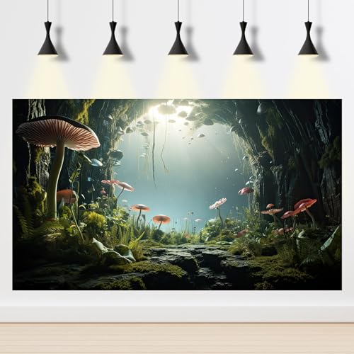 Underwater World Aquarium Background Tropical Plants Cave Style Mushrooms Reptile Tank Backgrounds Rock Lush Moss Plants Fish Tank Background Underwater Ocean Reptile Enclosure Backgrounds 24x16in - color: Foggy Green, size: 24(W)x16(H)inches/ 60(W)*40cm(