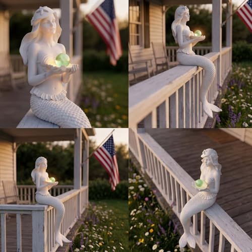 9.6" Mermaid Statues Outdoor, Timeless Moments for Fairy Tales, Pond Ornaments, Poolside Garden Decor, Koi Fish Pond, Unique Fisherman Gifts (White) - color: White Mermaid