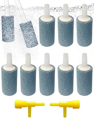 Air Stones for Aquariums 2 Inch 10 Pack Grey Air Stone Cylinder Aerator Bubble Diffuser with 2 Control Valve for Nano Air Pumps Fish Tanks and Small Buckets