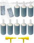 Air Stones for Aquariums 2 Inch 10 Pack Grey Air Stone Cylinder Aerator Bubble Diffuser with 2 Control Valve for Nano Air Pumps Fish Tanks and Small Buckets