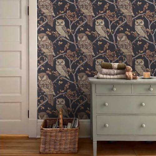 Vintage Leaf Owl Animal Bird Brown/Navy Peel and Stick Wallpaper Wall Decor Self Adhesive Wall Paper Stick on Easy Peel Off Contact for Renter Apartment - color: Brown/Navy, size: 17.7" x 118"
