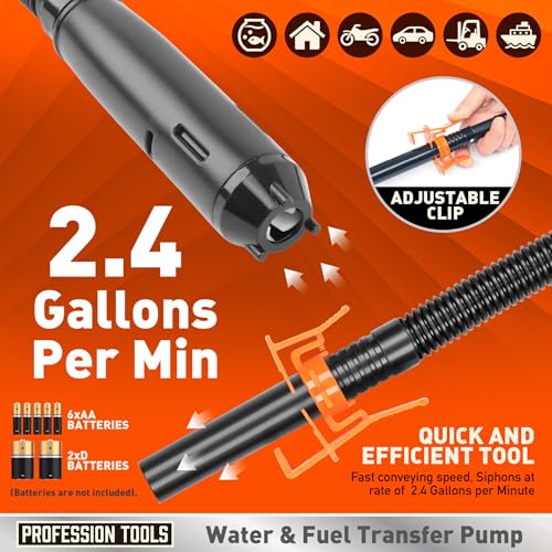 Portable Fuel Transfer Pump - 2.4 GPM Battery Powered Siphon Pump,Siphon Pump for Gasoline,for Fuel, Oil & Water, with Powerful Suction Ergonomic Nozzle 39 Inches Hose（Orange） - color: Orange