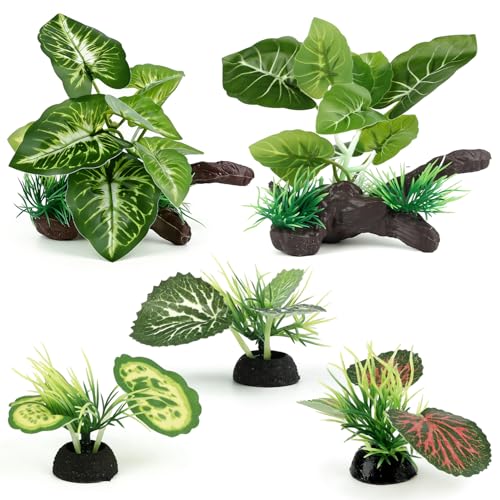5 Pack Green Aquarium Plants Decor with Driftwood, Artificial Silk Plants Set for Betta Fish Tank, Plastic Plants for Aquarium Decorations - color: Green D