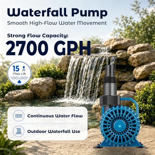TONGCHANT Pond Pump for Fish Pond Fountain & Waterfall, 2700 GPH 15FT Lift | 120W Submersible water pump, ultra quiet motor, 180° rotatable outlet, filter bag, 20FT cord, UL listed - size: 2700GPH-120W