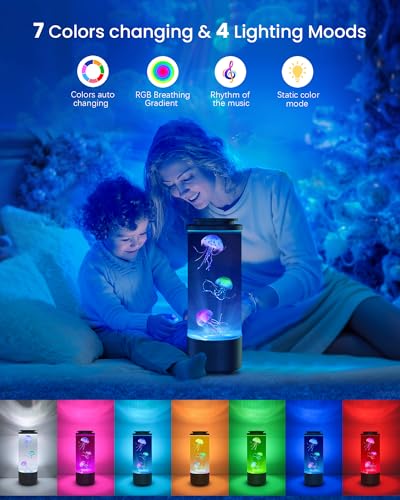 Jellyfish Lamp Bluetooth Speaker with White Noise – 7 Color Changing Jelly Fish Tank Aquarium Light, 4 Lighting Modes for Relax & Sleep, Home Office Bedroom Decor, Gift for Kids Teens Adults