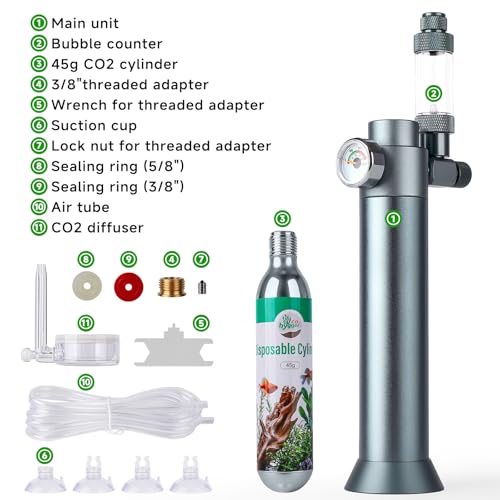 Complete Aquarium CO2 System, Desktop CO2 Regulator with 45g Disposable CO2 Cartridge, Compatible with 5/8" and 3/8" Threaded for Nano Aquariums - size: 45g