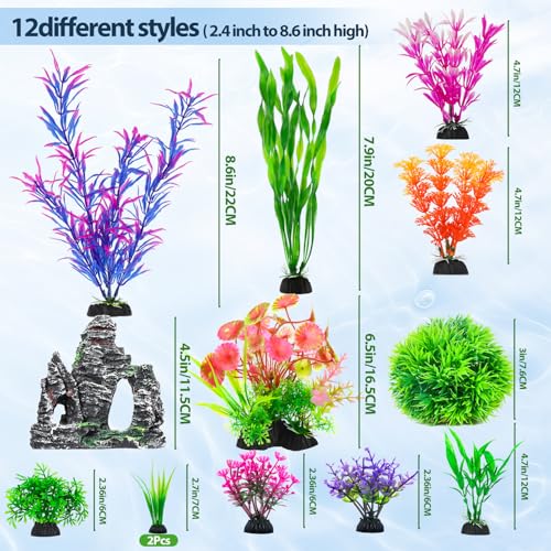 CousDUoBe 13Pcs Aquarium Plants Cave Rock Decor Set& Fish Tank Artificial PlasticPlants,Fish Tank Accessories Small Large Aquarium Decorations Kit