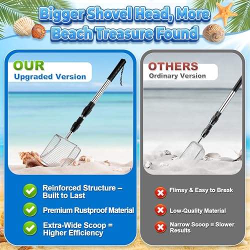 RGQSUN 2 Shark Tooth Sifters with 2 Seashell Bags, Beach Sand Sifter Set with Extendable Handles for Shell Collecting, Sea Glass, Shark Teeth and Small Beach Finds - color: Blue+Pink (2 set)