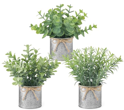 Mkono Mini Fake Plants in Farmhouse Galvanized Metal Pots 3 Pack Small Potted Artificial Plant Eucalyptus for Laundry Room Bathroom Shelf Table Decor - color: Grey, size: 2.36 inch