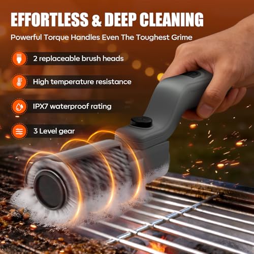 YEYES Electric Grill Brush for Outdoor Grill - Cordless Rechargeable BBQ Cleaner with 7-Angle Adjustable Head, 2600mAh Power Rotary Grill Cleaning Brush for Gas Charcoal Grates (Gray)