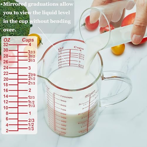 Ackers Mirror Graduated Glass Measuring Cup - [Insulated Handle | V-Shaped Spout] - High Borosilicate Glass Measuring Cup for Kitchen or Dining, Easy to Read, 1000ml (32oz, 4 Cup) - size: 32OZ Mirror Graduated