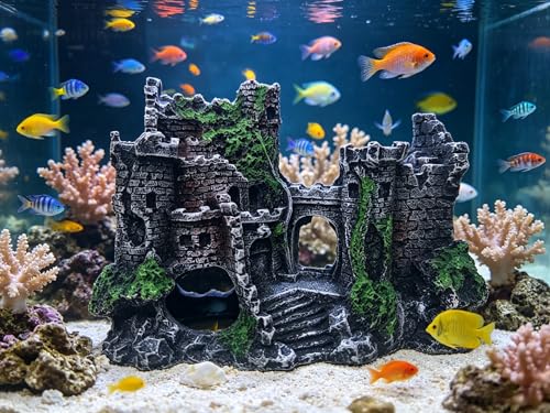 Aquarium Castle Bubbler Decorations, Resin Fish Tank Accessories with Air Bubbler, Fish Tank Cave Hideout for Betta & Small Fish, Aquarium Decor with Air Holes,(Air Pump is Not Include)