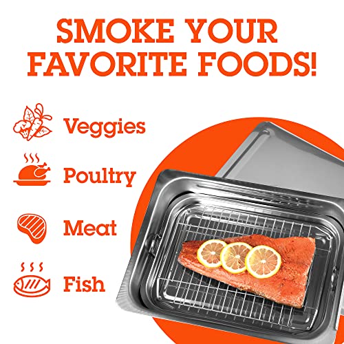 Camerons Large Stovetop Smoker - Stainless Steel BBQ Smoker Box w/Hickory & Oak Wood Chips & Recipe Guide - Indoor Outdoor Use on Any Heat for Smoking Meats, Veggies & Seafood - Grilling Gift for Men