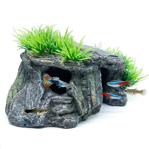 Aquarium Cave & Betta Hideout - Natural Resin Fish Tank Decorations, Small Turtle Basking Platform, Hand-Polished Smooth Edges, PH Neutral Stone Decor for Shrimp, Cichlid, and Reptiles (Small) - color: S-Dock with Green, size: Small