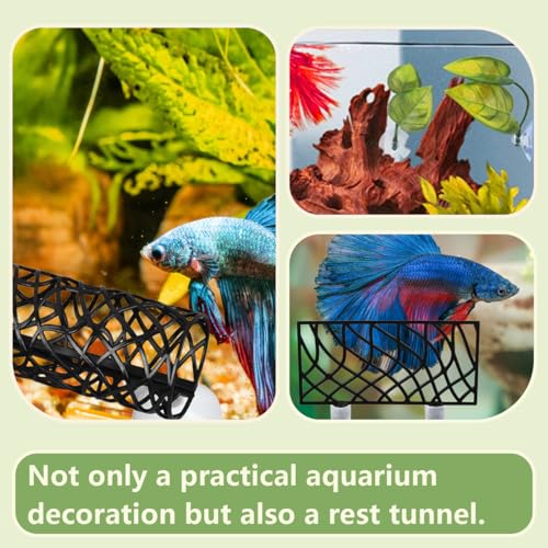 Betta Fish Tunnel Tube & Hammock with Leaf Pad, Blue, Aquarium Decor Ornament, Wall Hanging, Small Fish & Shrimp Habitat
