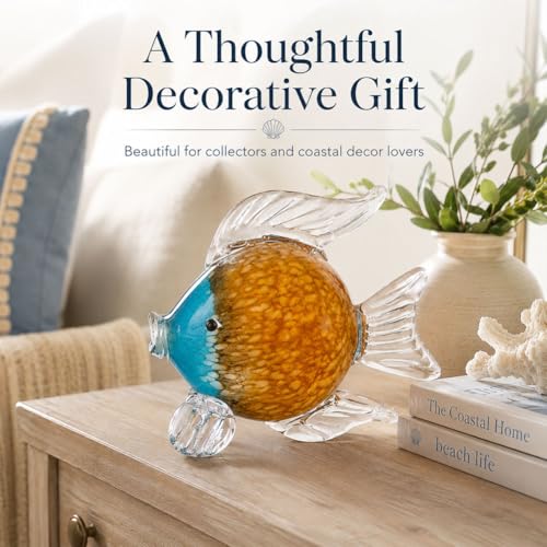 QIANLING Glass Fish Figurines - Coastal Home Decor, Modern Ocean Centerpieces for Living Room, Dining Area, Bathroom, Office, Coffee Table, Beach House, Nautical, Seaside, Entrance, Shelf Display - color: Blue & Brown Fish