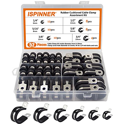 ISPINNER 52pcs Cable Clamps Assortment Kit, 304 Stainless Steel Rubber Cushion Pipe Clamps in 6 Sizes 1/4" 5/16" 3/8" 1/2" 5/8" 3/4" - color: Black