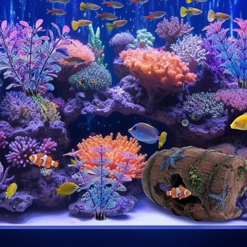 Aquarium Decor for Betta Fish Tanks, Tank Accessories, Starfish Barrel x 1 pcs, Aquarium Plants x 4 pcs