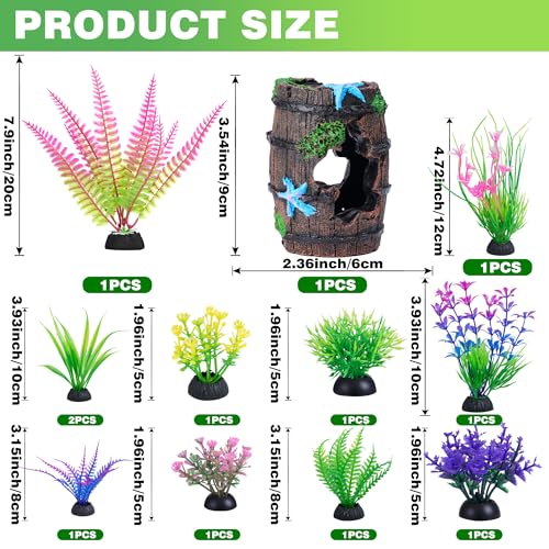 Ameliade Fish Tank Accessories Decorations Set with Broken Barrel Cave & 11 Artificial Aquatic Plants - Betta Goldfish Hiding Spots for Aquariums, Small Bowl Ornament Decor
