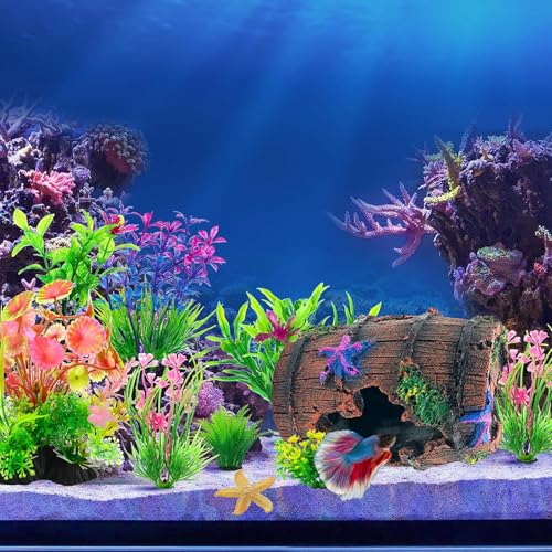 Fish Tank Decoration for Aquarium Tank, Betta Fish Tank Accessories Starfish Barrel x 1pc, Aquarrium Decor Aquatic Plants x 4pcs, Aquarium Decor Starfish x 1pcs.