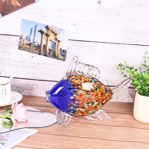 Large Hand Blown Glass Fish Figurines, Aquarium Sea Glass Art, Blue Orange Fish Statue Sculpture Modern Coastal Accent - for Beach Knick Knacks, Coffee Tables, Nautical Offices Centerpiece - color: Blue Orange