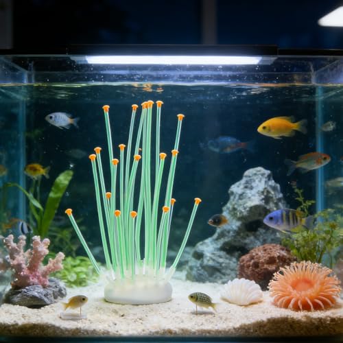 Realistic Coral Aquarium Decor with Weighted Base, Soft Silicone Tentacle Ornament Lifelike Moving for Freshwater Saltwater Fish Tank, Safe Shelter for Fish Shrimp Invertebrates Aquascaping (Green) - color: Green