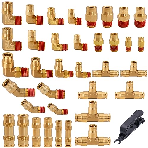 37Pcs Brass DOT Air Brake Line Fittings Assortment Kit 1/4" 3/8" 1/2" Push to Connect Fittings Air System Repair Kit for Truck, Air Brake Union 45 Degree & 90 Degree Male Elbow - color: 37pcs BRASS DOT AIR BRAKE FITTINGS
